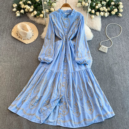 【ワンピース】重工刺繍が映える✨フリル襟 長袖 ワンピース シングルボタン ウエストシェイプ プリーツ フレア ロング丈 上品 春夏【SHシリーズ】