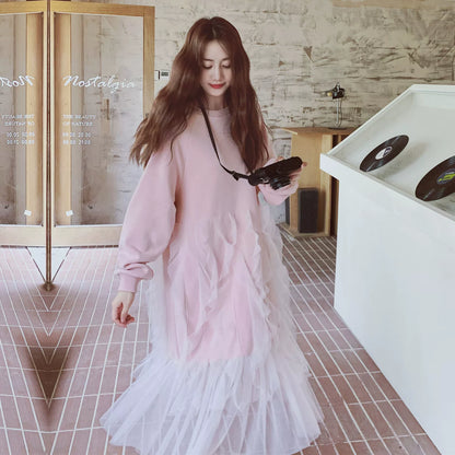 【ワンピース】カジュアル ミックス チュール 若見え 合わせやすい 長袖ワンピース【JZシリーズ】