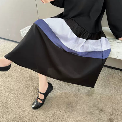 【ワンピース】レトロ配色切替レイヤード風ロングワンピース レディース 秋冬新作 上品 ゆったり 長袖 体型カバー【JZシリーズ】