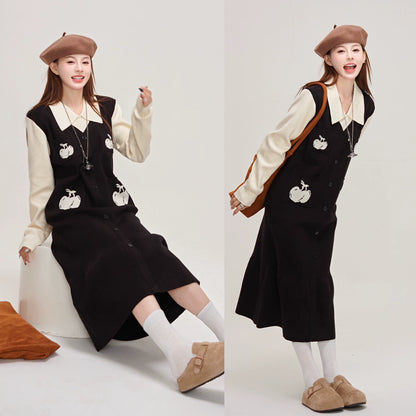 【ワンピース】🍒チェリーデザイン♡ツーピース風ニット長袖ワンピース  冬 レディース 高級感【JZシリーズ】