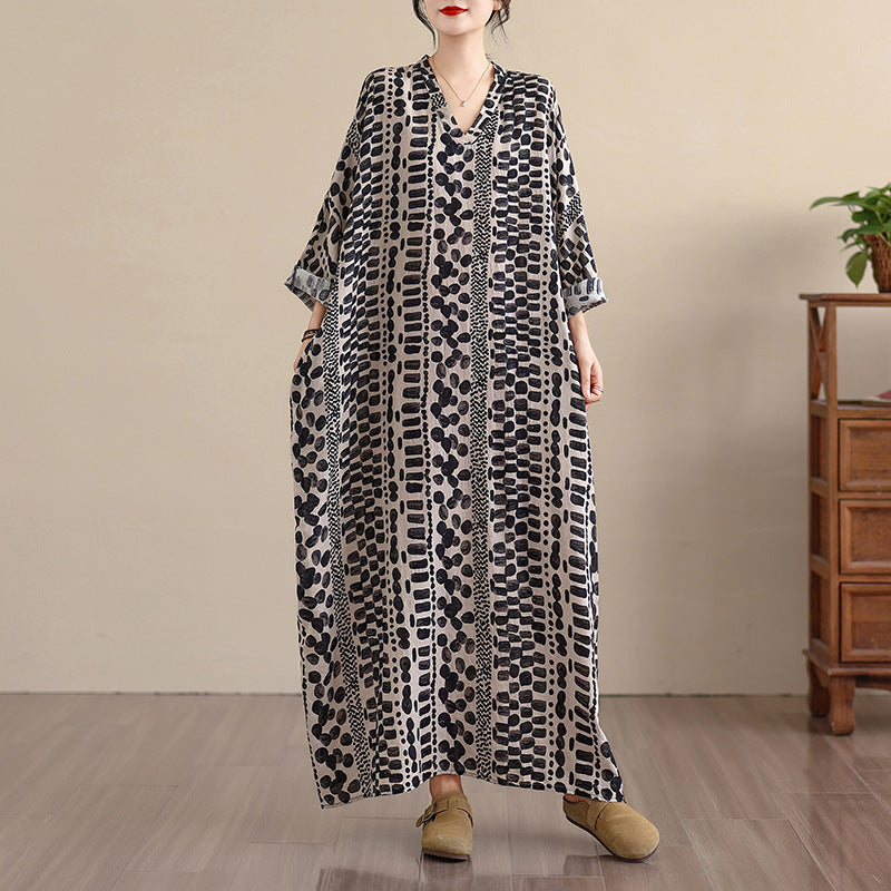 期間限定🍂60%OFF【ワンピース】レトロ花柄Vネックロングワンピース レディース 初秋新作 大きいサイズ リゾート 体型カバー シンプル【SHシリーズ】