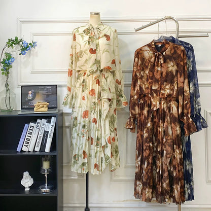 期間限定⭐️60%OFF【ワンピース】リボン付き シフォン ハイウエスト 小花柄 長袖 ワンピース 【SHシリーズ】