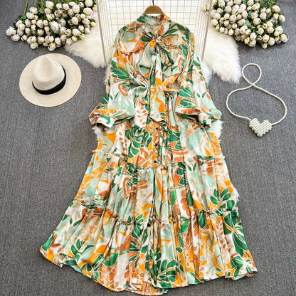 【ワンピース】シングルボタン プリント レディライク フレア 長袖 ワンピース 【SHシリーズ】