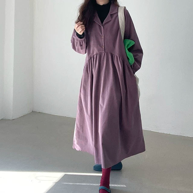 【24AW】【ワンピース】韓国風 chic レトロ 切り替えし シャーリング 長袖ワンピース