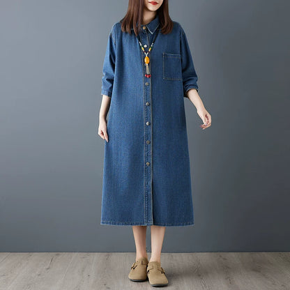 【ワンピース】春新作 シンプル レトロ 長袖 シャツワンピース ストレートシルエット 細見え ロング丈 デニムワンピース レディース【JZシリーズ】