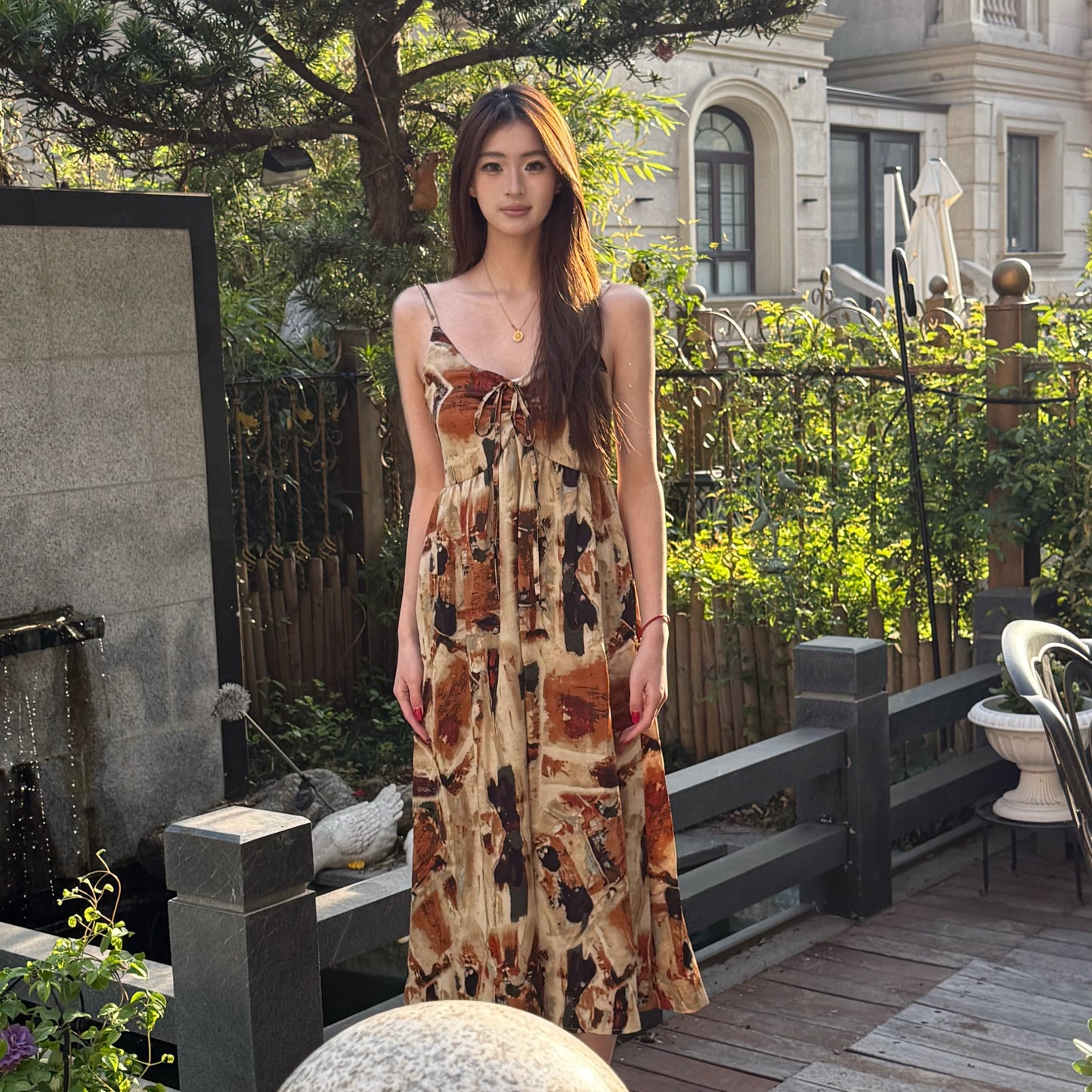 【ワンピース】油絵風ドレープ感 フラワープリント  夏 ゆったり ノースリーブワンピース【SHシリーズ】