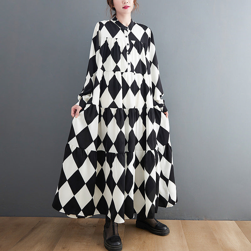 【ワンピース】ブラック＆ホワイト ブラック＆ホワイト プリント 長袖 ワンピース 【SHシリーズ】
