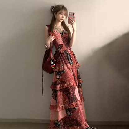 【ワンピース】ライトラグジュアリー 高級感 花柄 個性デザイン ノースリーブキャミワンピース【SHシリーズ】