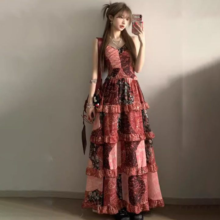 【ワンピース】ライトラグジュアリー 高級感 花柄 個性デザイン ノースリーブキャミワンピース【SHシリーズ】