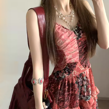 【ワンピース】ライトラグジュアリー 高級感 花柄 個性デザイン ノースリーブキャミワンピース【SHシリーズ】