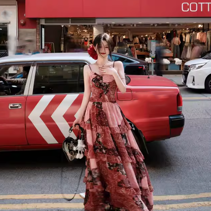 【ワンピース】ライトラグジュアリー 高級感 花柄 個性デザイン ノースリーブキャミワンピース【SHシリーズ】