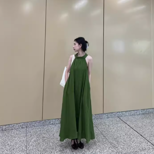 【ワンピース】【10～15日内発送】高級感 2WAY グリーン森ガール風 ノースリーブホルターネック 肩あきワンピース【JZシリーズ】