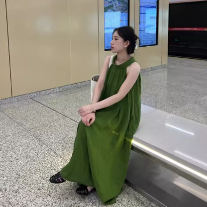 【ワンピース】【10～15日内発送】高級感 2WAY グリーン森ガール風 ノースリーブホルターネック 肩あきワンピース【JZシリーズ】