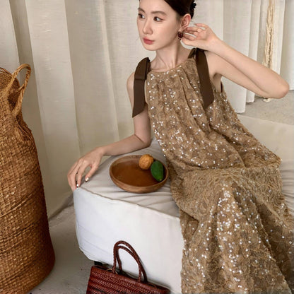 【ワンピース】夏 金箔風 テクスチャ感 スパンコール キャミワンピース  【SHシリーズ】