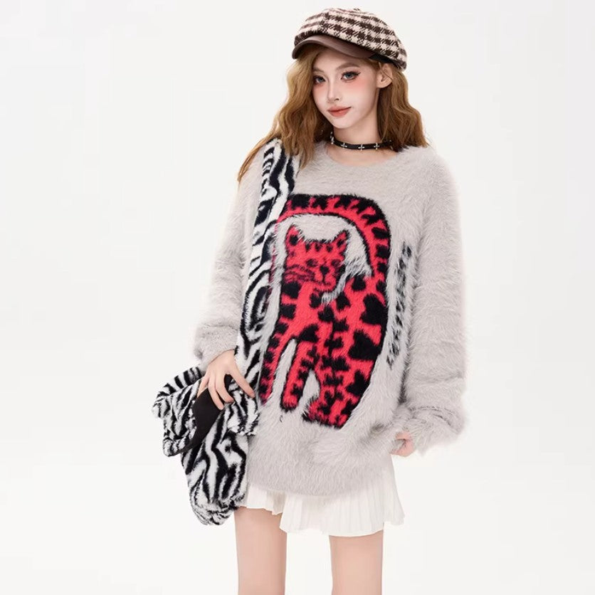 1/30~2/1⭐️期間限定 60%OFF ！🏆 売れ筋No.1【トップス】ユニセックス対応 レトロ 豹柄 猫 ゆったり ラウンドネック ネコ柄 ニットセーター【FCシリーズ】