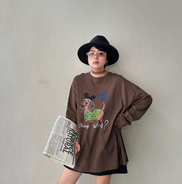 【トップス】レディース 犬プリントフード付き長袖Tシャツ ウォッシュ加工 韓国風 レトロ【FCシリーズ】