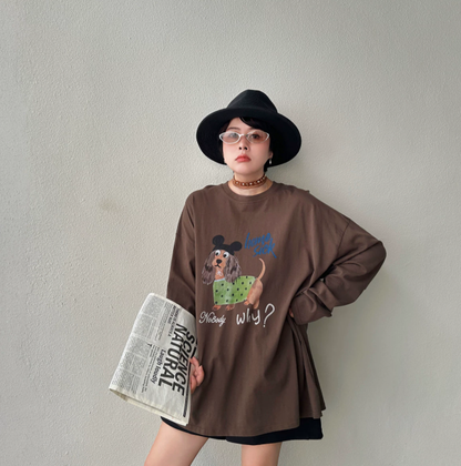 【トップス】レディース 犬プリントフード付き長袖Tシャツ ウォッシュ加工 韓国風 レトロ【FCシリーズ】
