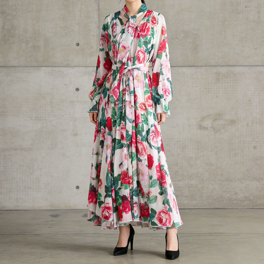 【ワンピース】フレンチエレガンス 気質 レディース シフォン 長袖ワンピース 蝶結びネック フレア 大人可愛い【SHシリーズ】