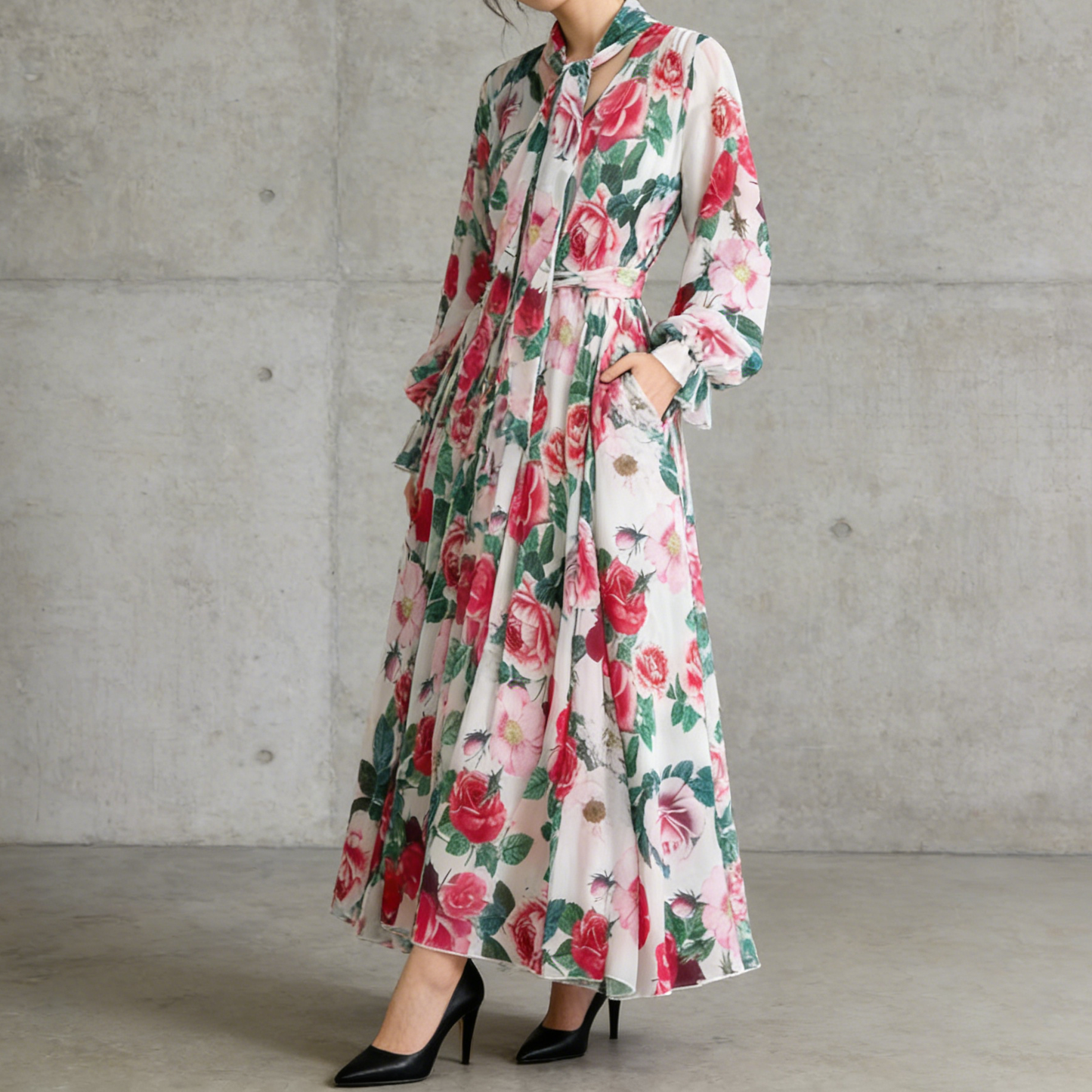 【ワンピース】フレンチエレガンス 気質 レディース シフォン 長袖ワンピース 蝶結びネック フレア 大人可愛い【SHシリーズ】