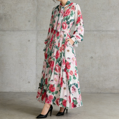 【ワンピース】フレンチエレガンス 気質 レディース シフォン 長袖ワンピース 蝶結びネック フレア 大人可愛い【SHシリーズ】
