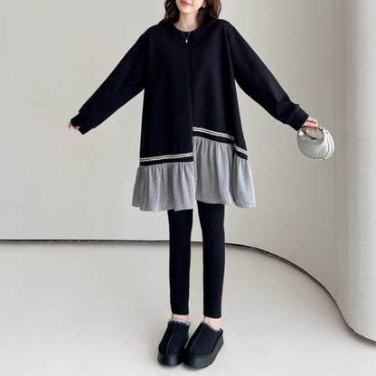 【ワンピース】 春秋冬 スウェット 配色 切り替え ゆったり 着痩せ 長袖ワンピース