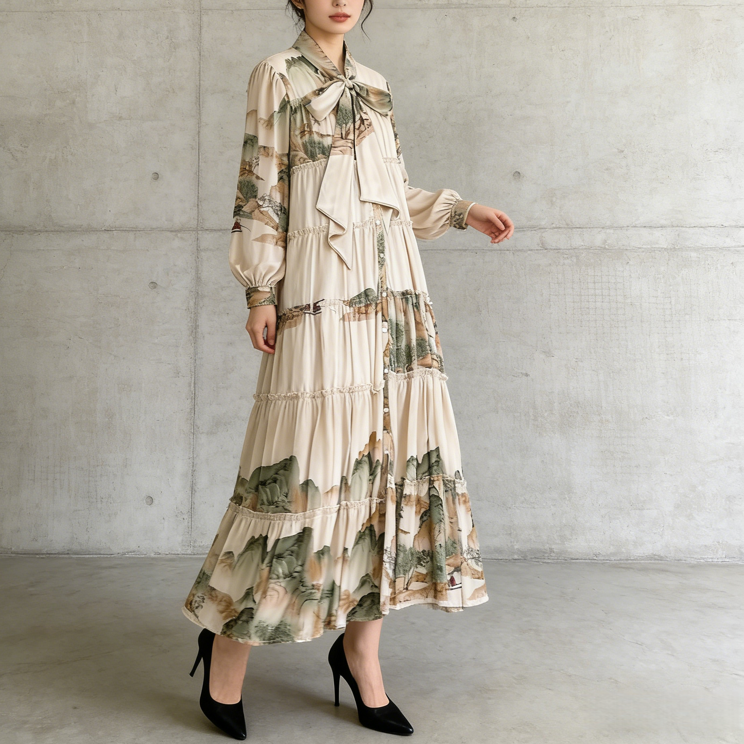 【ワンピース】プリントVネック お腹周りカバー フリル 長袖 ワンピース 【SHシリーズ】