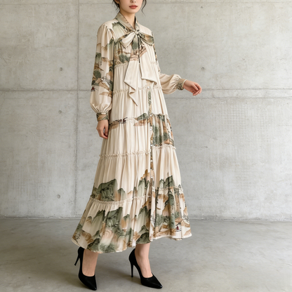 【ワンピース】プリントVネック お腹周りカバー フリル 長袖 ワンピース 【SHシリーズ】