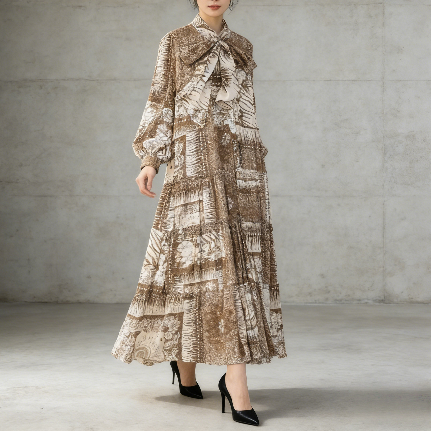 【ワンピース】プリントVネック お腹周りカバー フリル 長袖 ワンピース 【SHシリーズ】