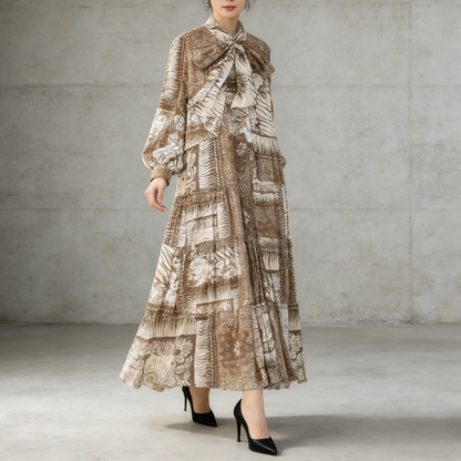 【ワンピース】プリントVネック お腹周りカバー フリル 長袖 ワンピース 【SHシリーズ】