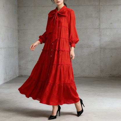 【ワンピース】プリントVネック お腹周りカバー フリル 長袖 ワンピース 【SHシリーズ】