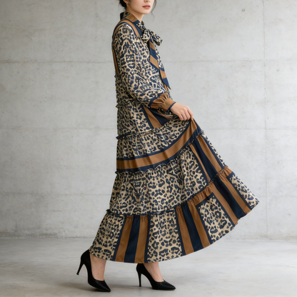 【ワンピース】プリントVネック お腹周りカバー フリル 長袖 ワンピース 【SHシリーズ】