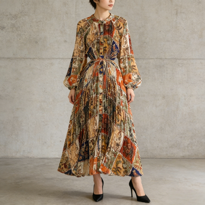 【ワンピース】ラウンドネック サテン プリント プリーツ 長袖 ワンピース 【SHシリーズ】