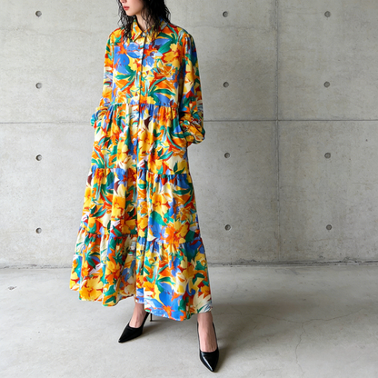 【60%OFF⭐️早い者勝ち】【ワンピース】プリント シングルボタン シャツ ロング丈 長袖 ワンピース 【SHシリーズ】