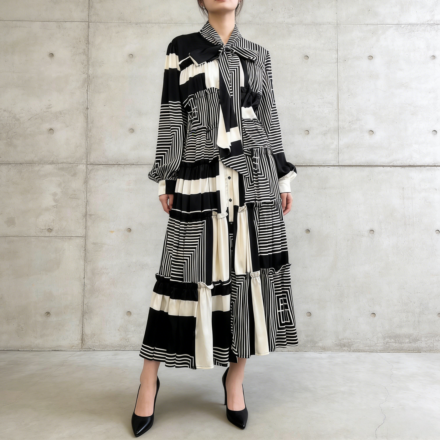 【ワンピース】シングルボタン プリント レディライク フレア 長袖 ワンピース 【SHシリーズ】