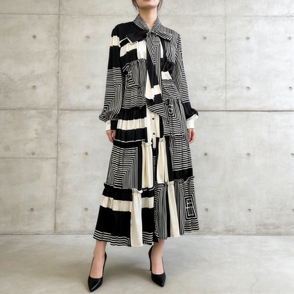 【ワンピース】シングルボタン プリント レディライク フレア 長袖 ワンピース 【SHシリーズ】