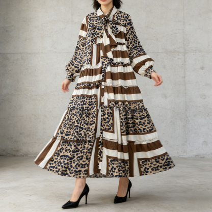 【ワンピース】プリントVネック お腹周りカバー フリル 長袖 ワンピース 【SHシリーズ】