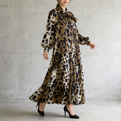 【ワンピース】プリントVネック お腹周りカバー フリル 長袖 ワンピース 【SHシリーズ】