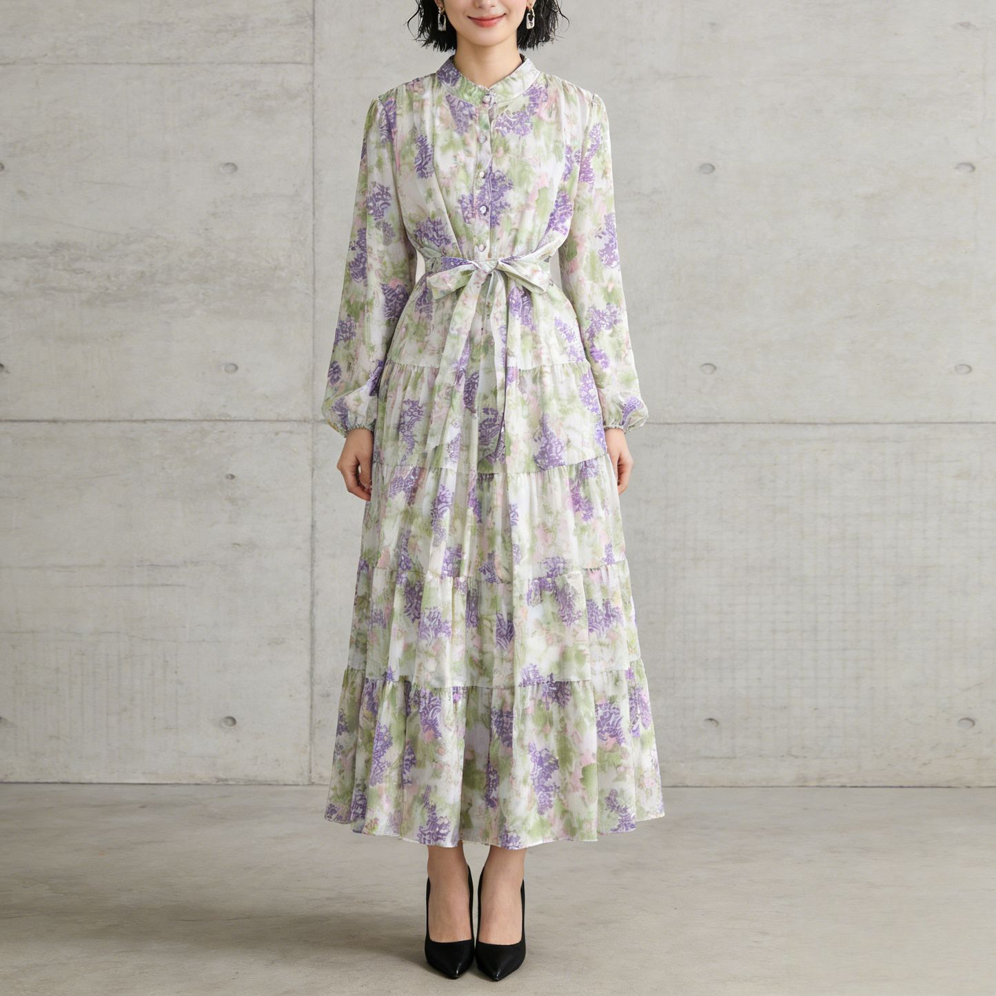 【ワンピース】シフォン フェミニン ウエスト切り替え 長袖 ワンピース【SHシリーズ】