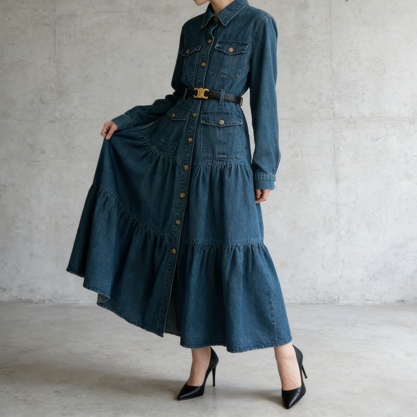 【ワンピース】フレンチ ヴィンテージ エレガント 大人カジュアル デニム 長袖ワンピース 秋【JZシリーズ】
