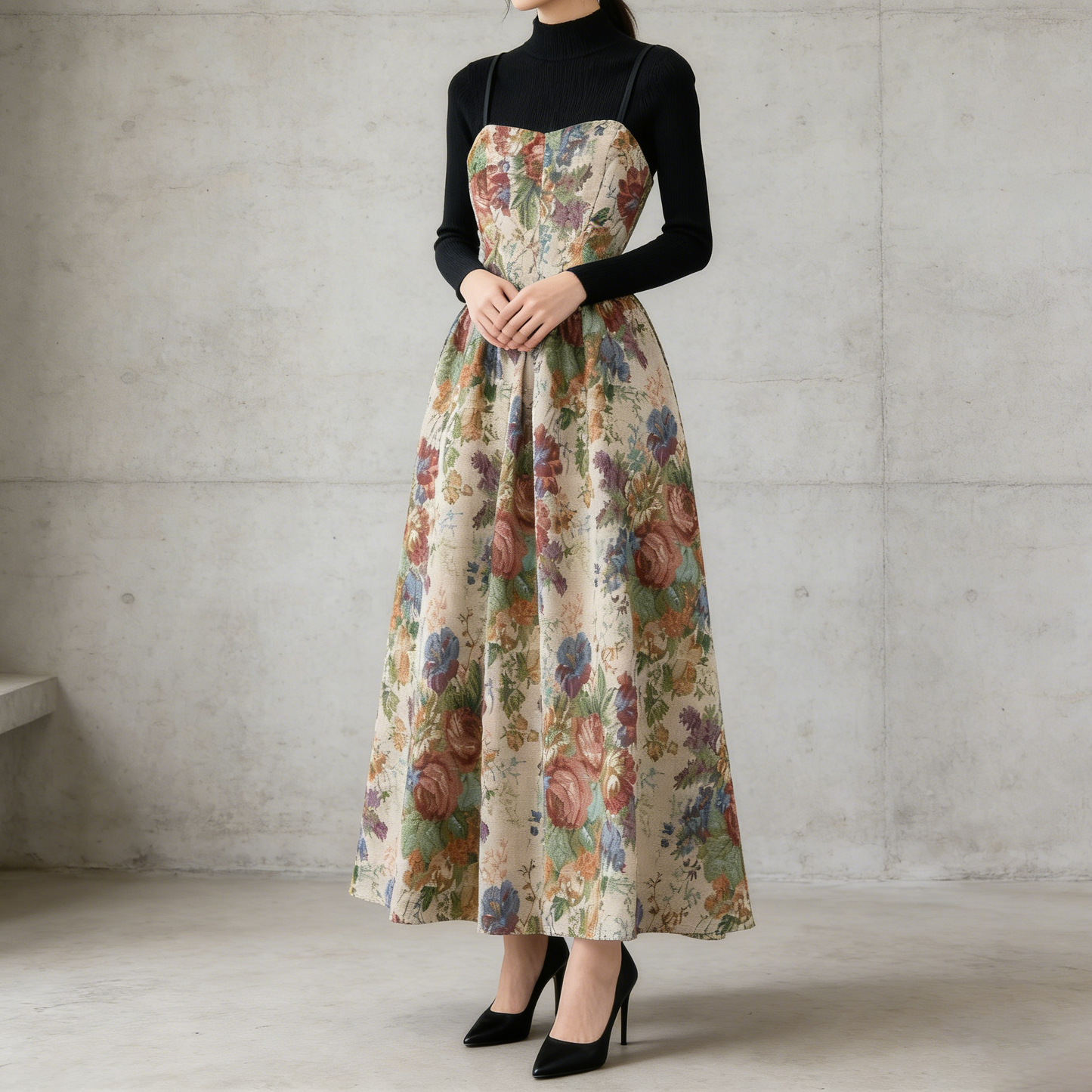 【セットアップ】レトロ ジャカード刺繍 キャミワンピース＋ニットインナー 2点セット レディース 秋冬【SHシリーズ】