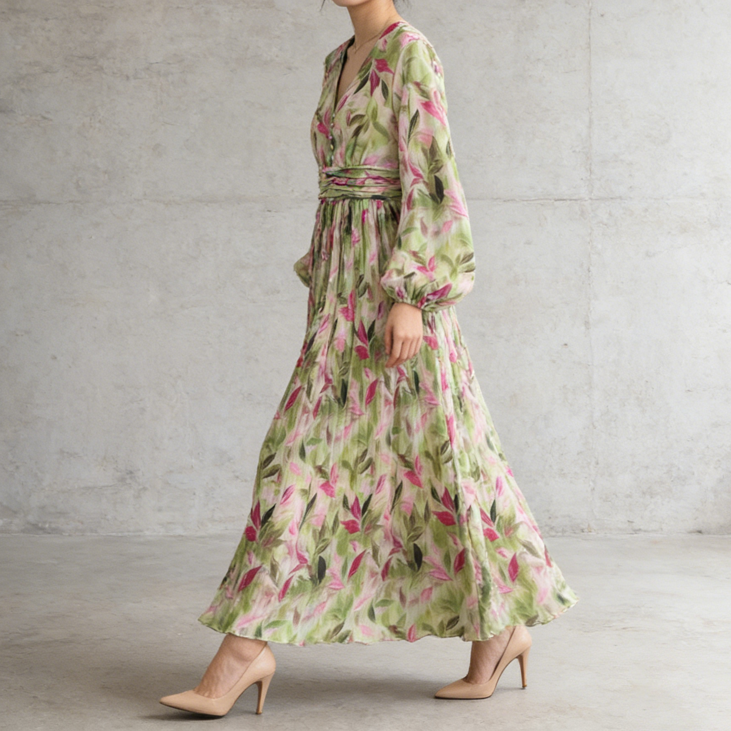 【ワンピース】Vネック ランタンスリーブ ウエストマーク プリーツ加工 花柄 フレア ロングワンピース レディース【SHシリーズ】