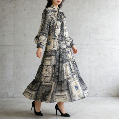 【ワンピース】プリントVネック お腹周りカバー フリル 長袖 ワンピース 【SHシリーズ】