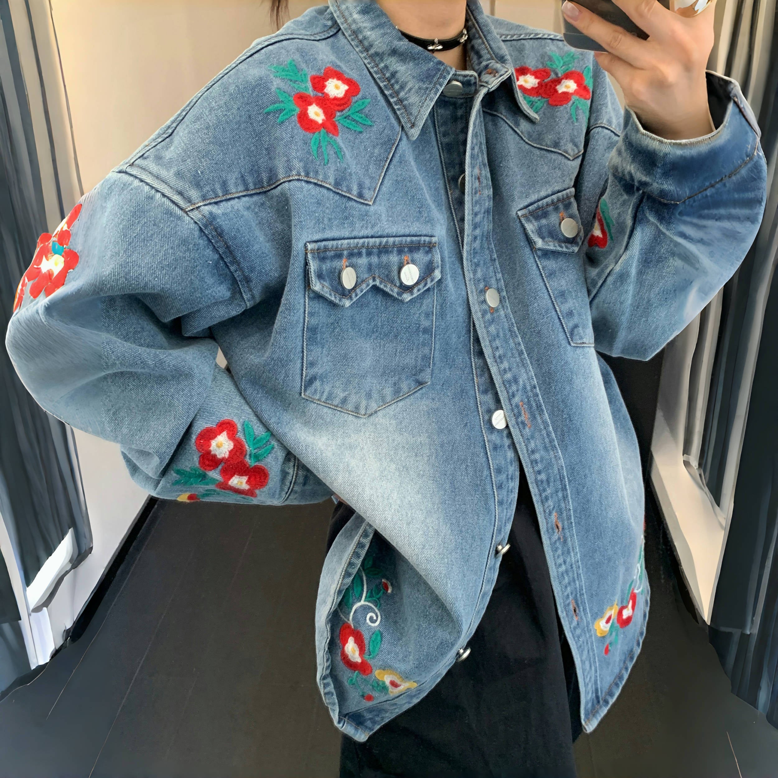 アウター】ユニークスタイル カジュアル ビンテージ風 刺繍 デニム