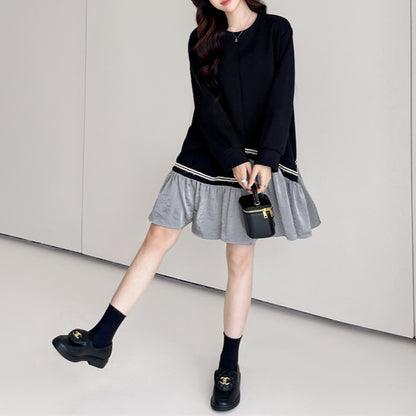 【ワンピース】 春秋冬 スウェット 配色 切り替え ゆったり 着痩せ 長袖ワンピース