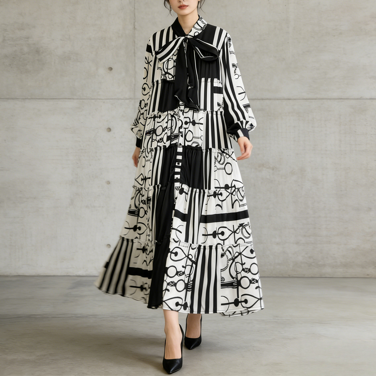 【ワンピース】プリントVネック お腹周りカバー フリル 長袖 ワンピース 【SHシリーズ】