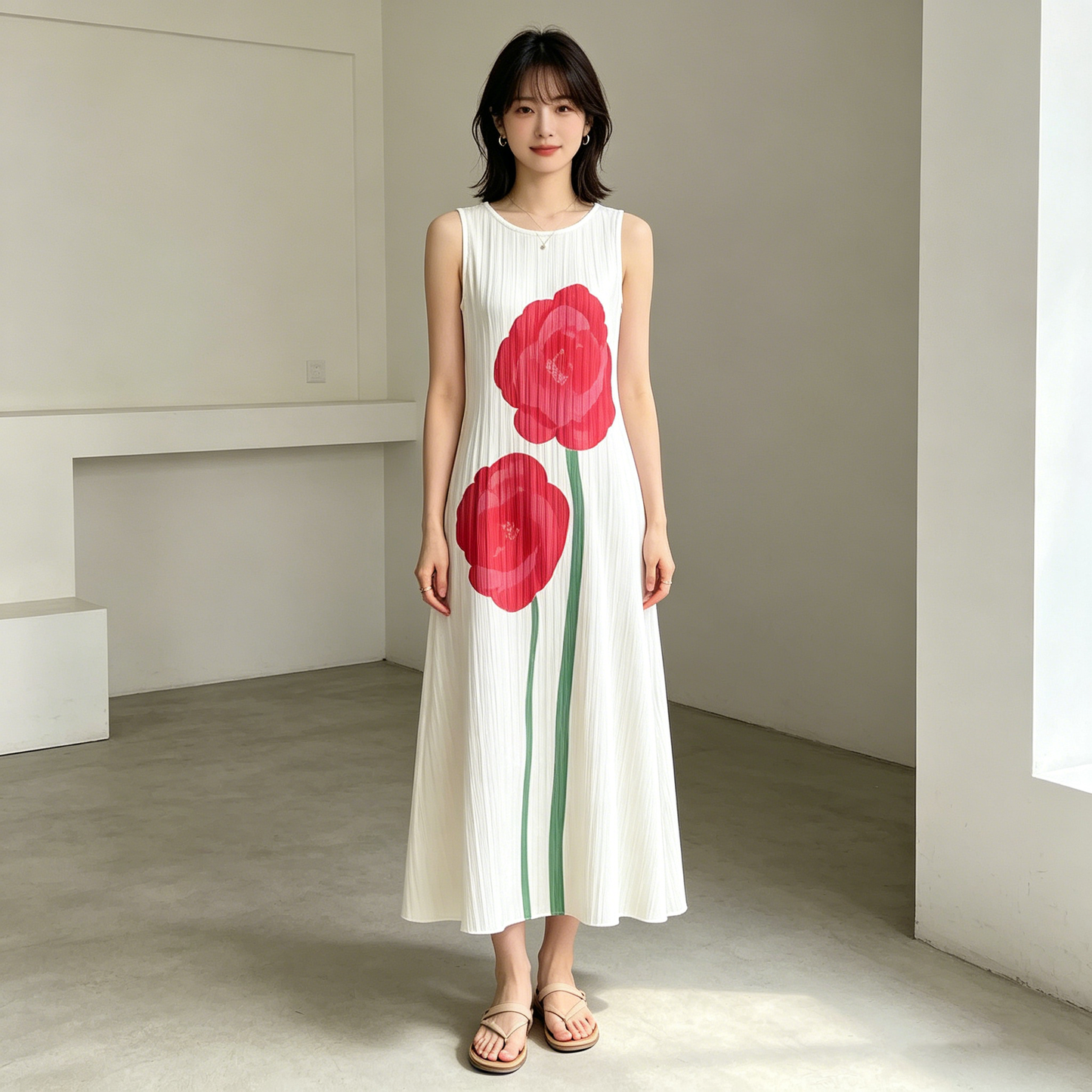 【ワンピース】フレンチ風 ホワイト ジャガード ワンピース レディース 春夏 ノースリーブ ウエストマーク ロングワンピース 体型カバー【SHシリーズ】