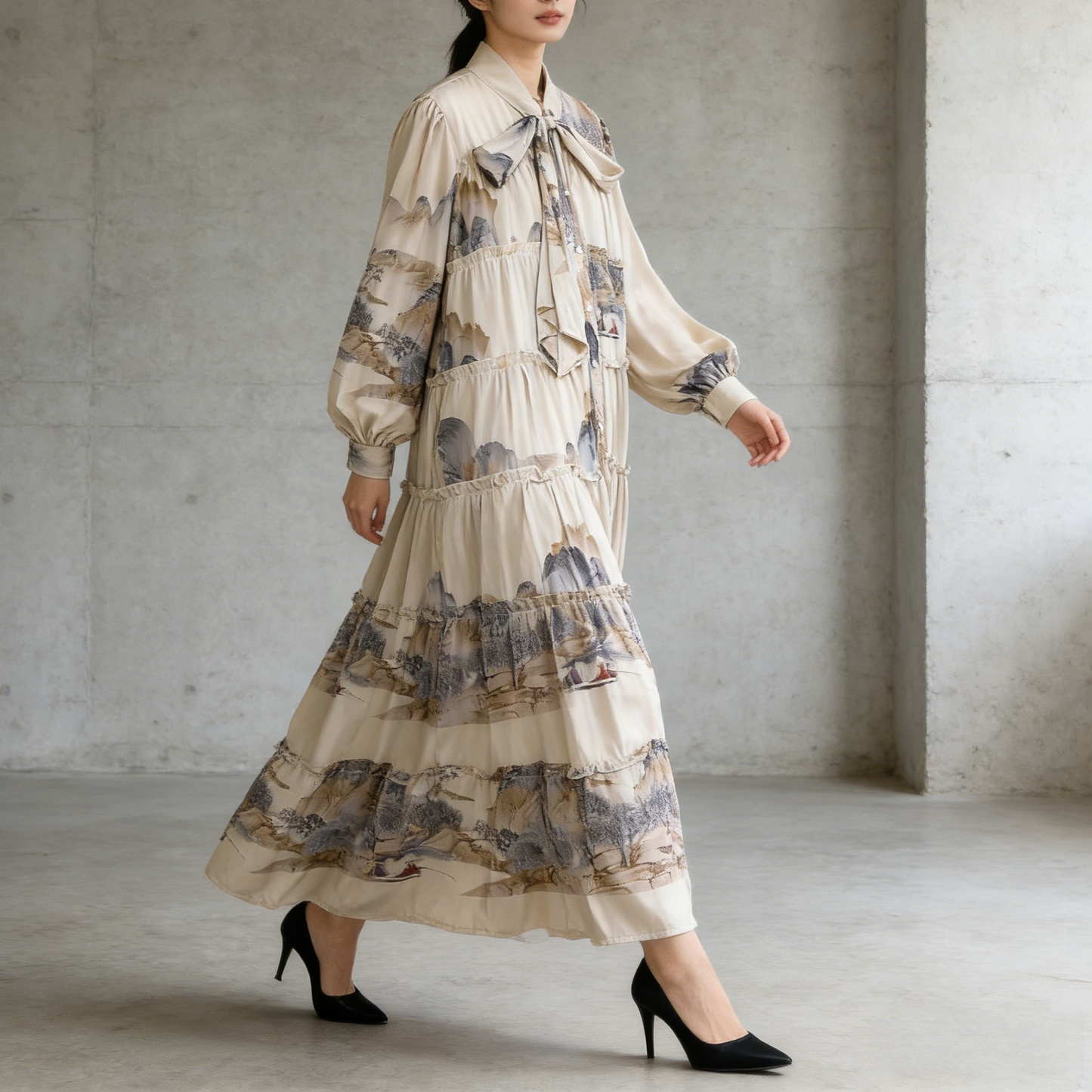 【ワンピース】プリントVネック お腹周りカバー フリル 長袖 ワンピース 【SHシリーズ】