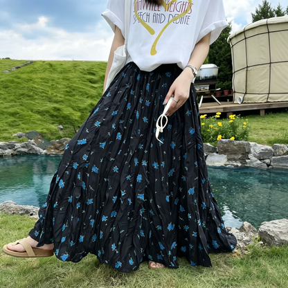 【ボトムス】花柄 韓国風 フラワープリント プリーツロングスカート レディース 夏 ハイウエスト ゆったり 上品 大人可愛い【SHシリーズ】