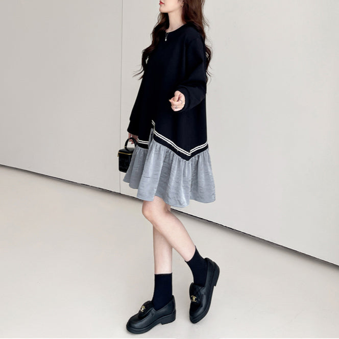 【ワンピース】 春秋冬 スウェット 配色 切り替え ゆったり 着痩せ 長袖ワンピース