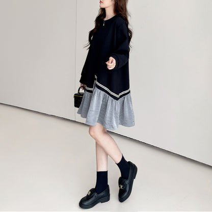 【ワンピース】 春秋冬 スウェット 配色 切り替え ゆったり 着痩せ 長袖ワンピース